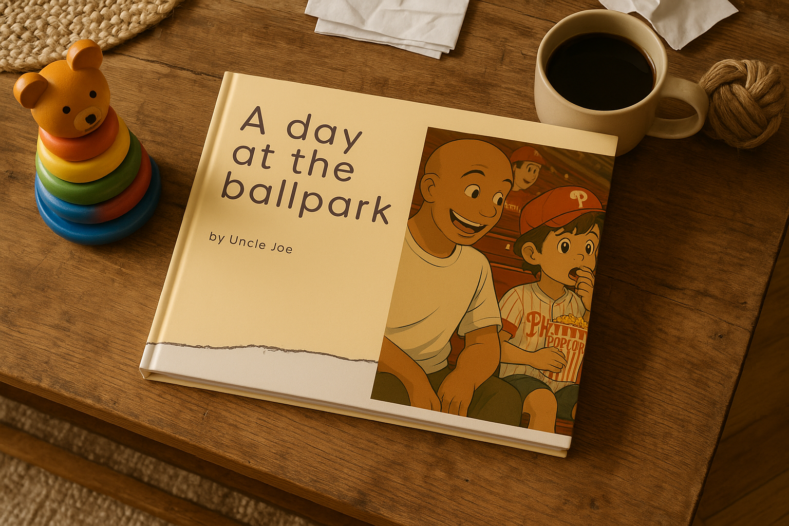 Storybook page showing 'A day at the ballpark'